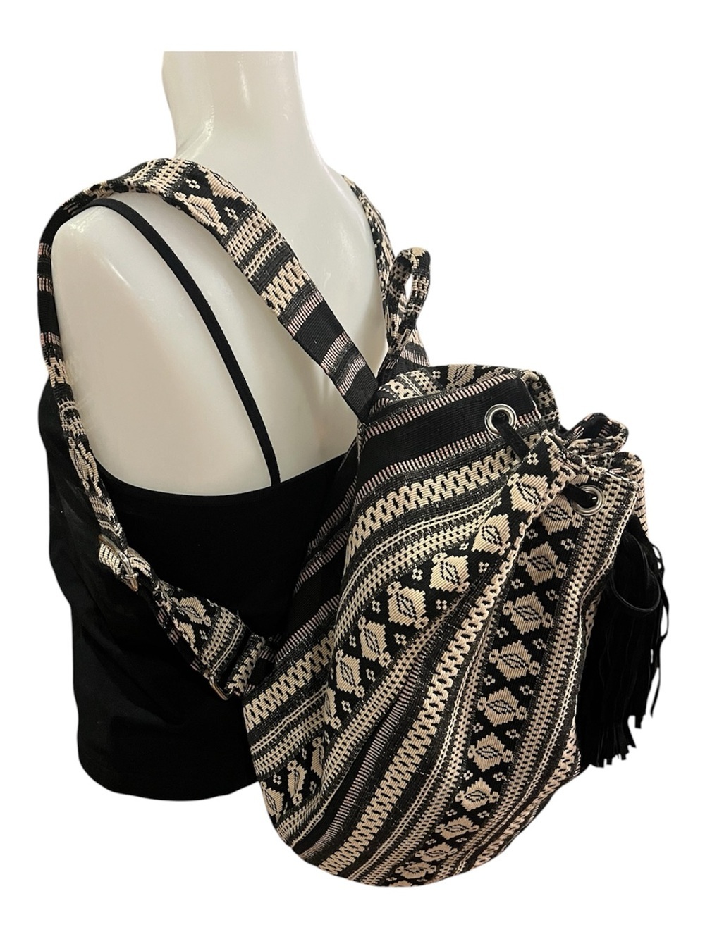 Woven Black & Cream Boho Drawstring Backpack with Leather Tassels - Picture 2 of 10